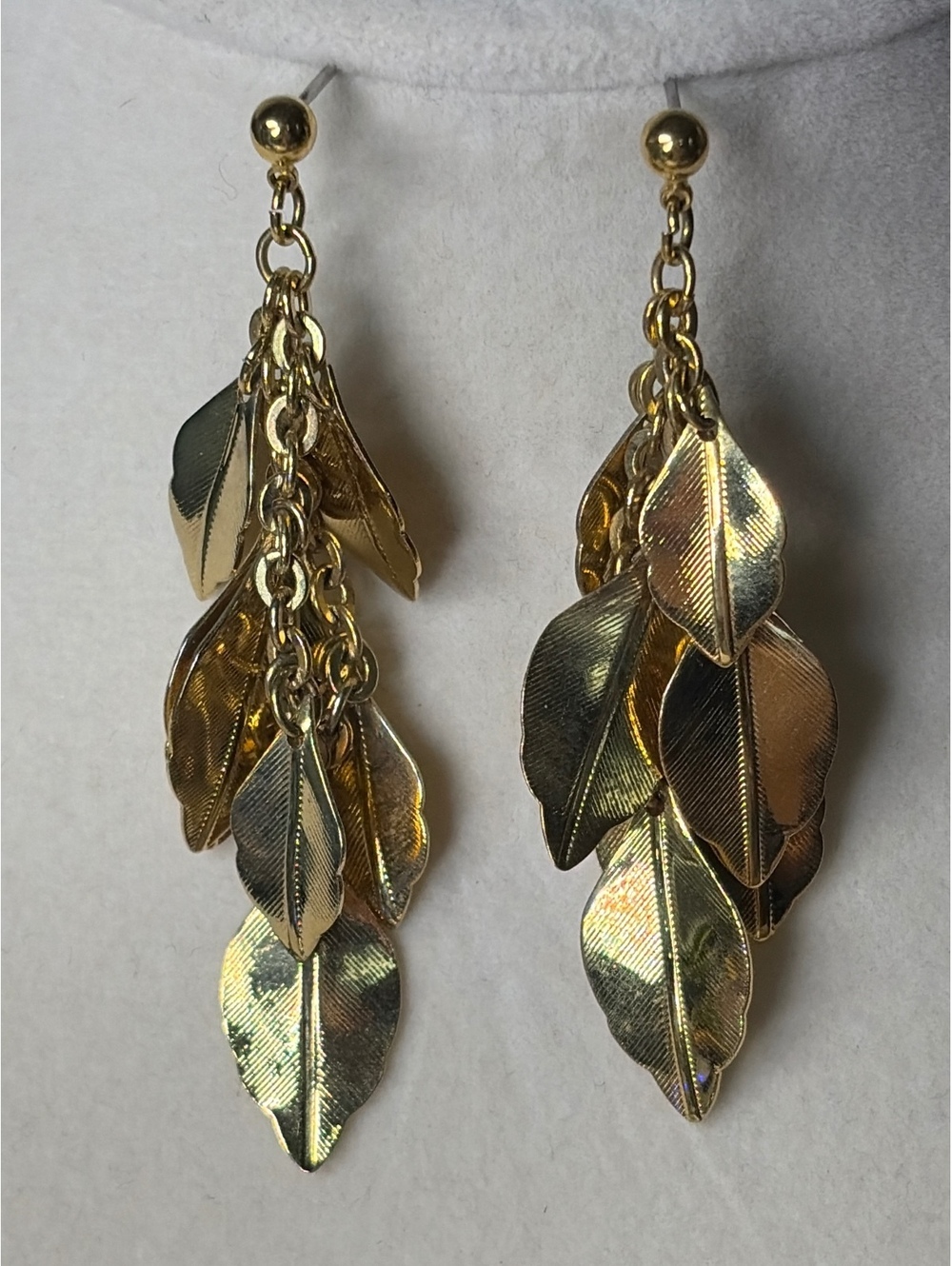 Gold Tone Three Tone Leaf Dangle Earrings - Picture 2 of 3